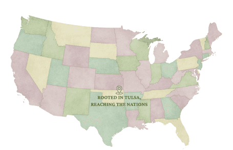 Map of the United States with Tulsa, Oklahoma marked